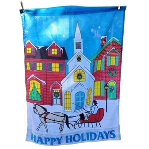 Vintage Happy Holidays Winter snowy scenic outdoor Nylon yard flag